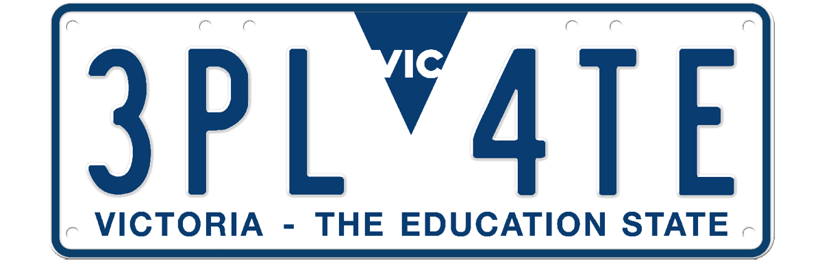 Future general issue plate - blue text on a white background and blue border, two sets of characters separated by a VIC logo at the top of the plate (e.g. 1 P L - 4 T E), with 